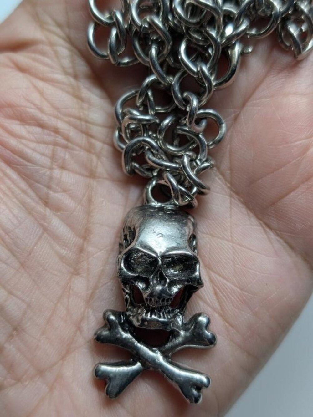 Vintage Halloween Silver Tone Skull & Bones Pendant Necklace on Heavy Chain.